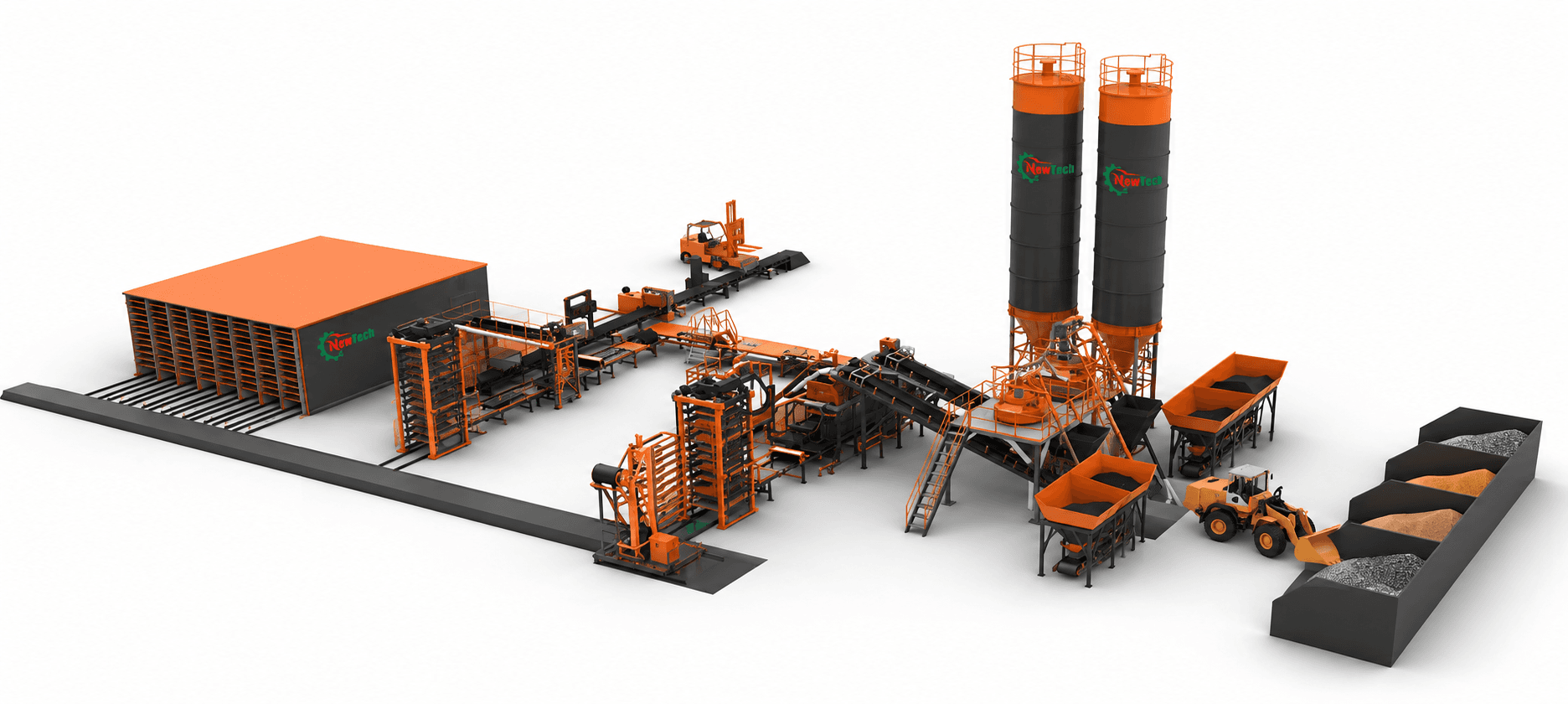 NewTech complete block production line diagram showing batching plant, mixer, block machine, conveyor, and stacking systems